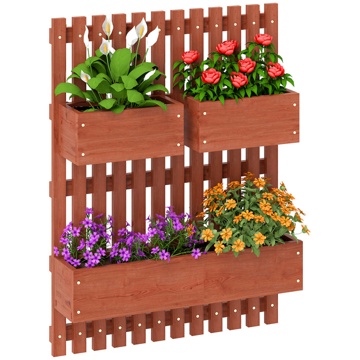 Floreira de Parede com Treliça Floreira Vertical de Madeira com 4 Vasos Móveis e Orifício de Drenagem para Jardim Varanda Pátio 60x16x80 cm Castanho