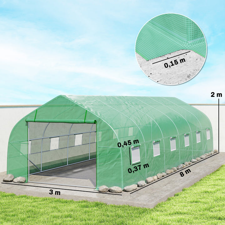 Estufa de jardim Tipo túnel para cultivo com 12 janelas e porta de enrolar Aço e PE 800x300x200 cm Verde