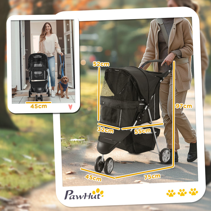 Carrinho para Animais de Estimação Dobrável Carrinho para Cães e Gatos com Rodas Giratórias Cesto e Suporte para Copos 75x45x97 cm Preto