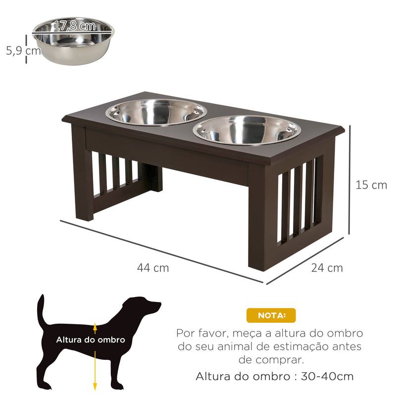 Comedouro Elevado para Cães com Suporte e 2 Tigelas Amovíveis de Aço Inoxidável Alimentador para Animais de Estimação 44x24x15 cm Marrom