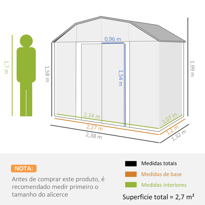 Abrigo de Jardim 2,7 m² 238x132x198,5 cm Abrigo de Exterior Metálico com Base Prateleiras Ajustáveis 2 Portas de Correr e 2 Janelas de Ventilação Cinza Escuro