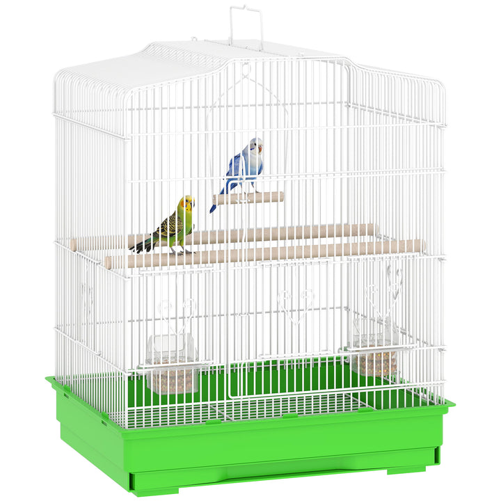 Gaiola para Pássaros, Gaiola de Aço com Portas 2 Alimentadores 2 Poleiros Baloiço Bandeja Removível e Pega de Transporte para Papagaio Canário Periquito 46,5x36x59 cm Verde