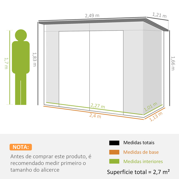 Abrigo de Jardim 2,7m² 249x121x183 cm Abrigo de Exterior com Porta Dupla 2 Ventilaç4oes e Trava Abrigo para Pátio Cinza