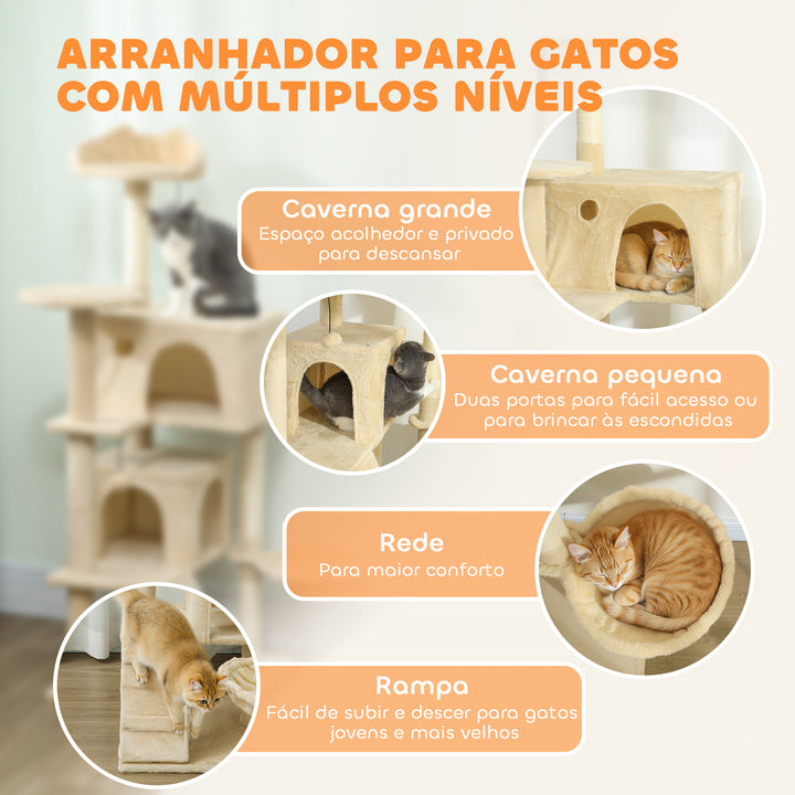 Arranhador para Gatos 140 cm Torre de Escalada com Múltiplas Plataformas Cama 2 Cavernas Rede Escada Postes de Sisal Bolas para Brincar Bege