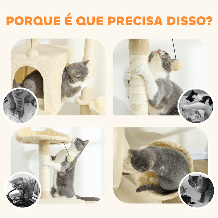 Arranhador para Gatos 140 cm Torre de Escalada com Múltiplas Plataformas Cama 2 Cavernas Rede Escada Postes de Sisal Bolas para Brincar Bege