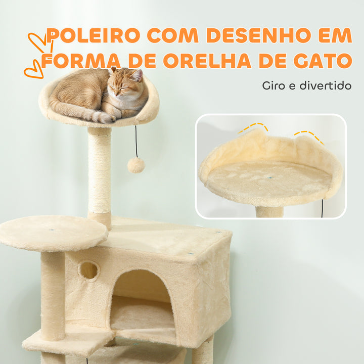 Arranhador para Gatos 140 cm Torre de Escalada com Múltiplas Plataformas Cama 2 Cavernas Rede Escada Postes de Sisal Bolas para Brincar Bege
