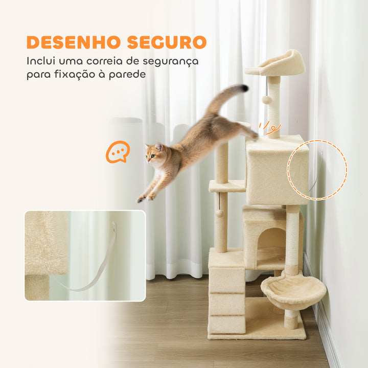 Arranhador para Gatos 140 cm Torre de Escalada com Múltiplas Plataformas Cama 2 Cavernas Rede Escada Postes de Sisal Bolas para Brincar Bege