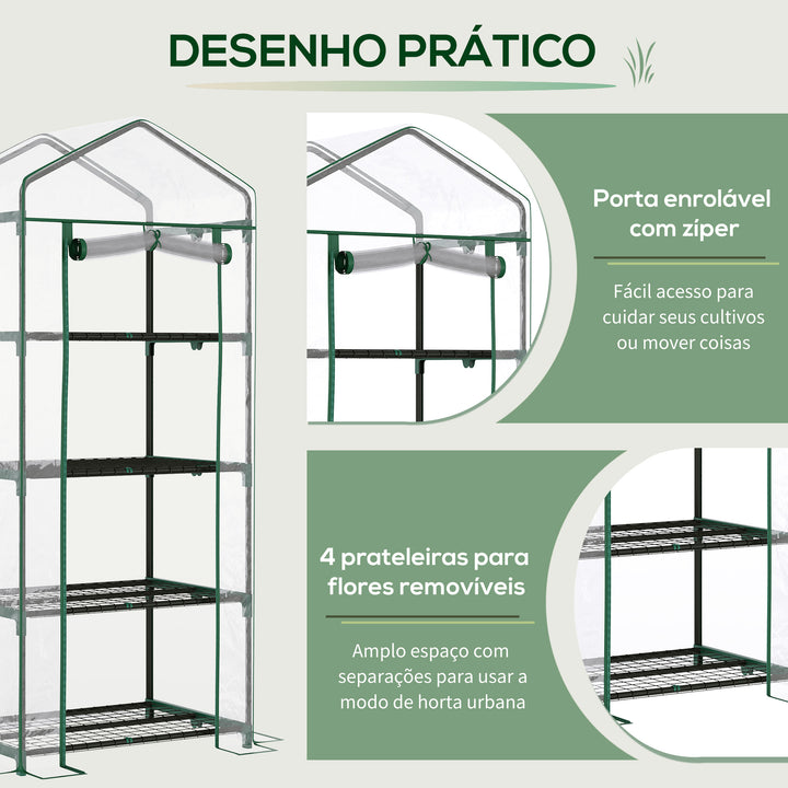 Estufa de Jardim com 4 Prateleiras e Cobertura de PVC Estufa de Aço para Cultivo de Plantas Flores 70x50x160cm Transparente