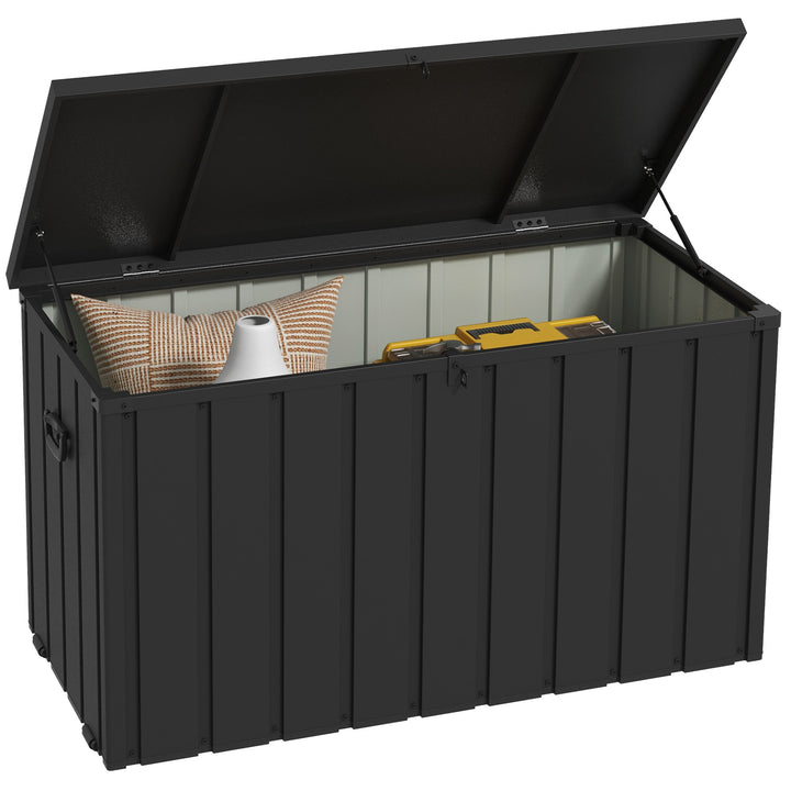 Baú Exterior com Capacidade de 450L Baú de Armazenamento em Aço com 4 Rodas 2 Pegas e Tampa com Ranhura para Cadeado Resistente às Condições Climáticas para Jardim Terraço Pátio 125,5x61,5x70 cm Cinzento Escuro