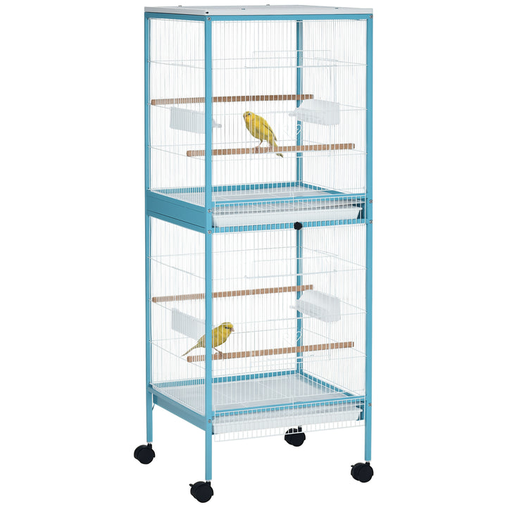 Gaiola para Pássaros com Rodas Gaiola Grande de 2 Níveis com Bandejas Removíveis Portas Comedouros Poleiros para Canários Periquitos 51,5x50x140 cm Azul e Branco