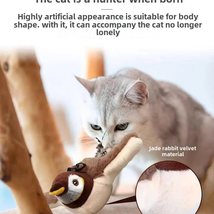 Flupytoy Brinquedo Interativo de Pelúcia com Sensor de Toque e Catnip – Pássaro pardal Recarregável com Som e Asas em Movimento para Gatos de Interior