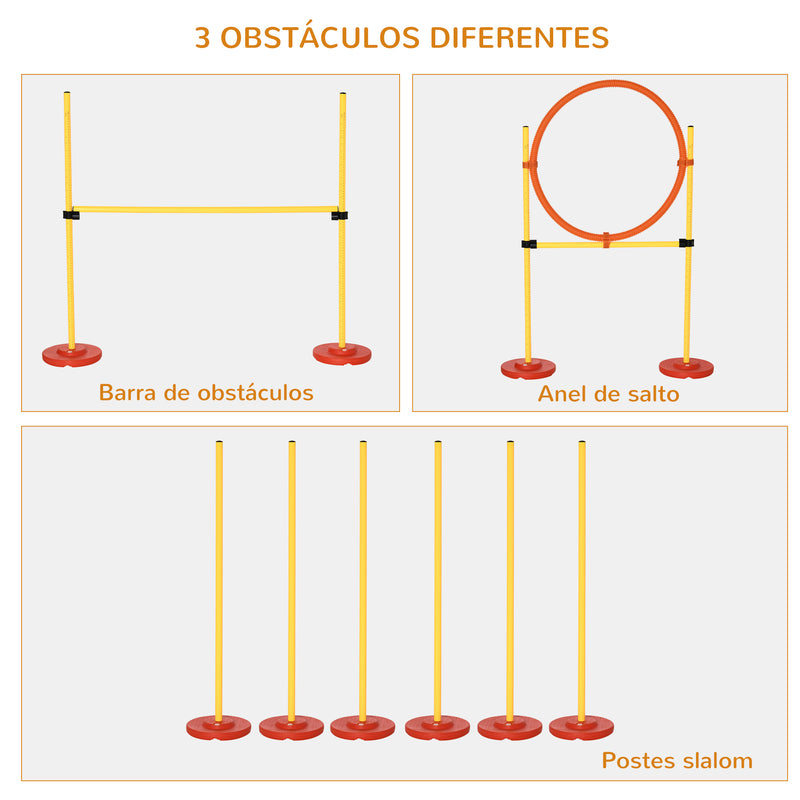 Conjunto de Treino de Agilidade para Cães de 3 Peças Kit Agility com Obstáculos de Salto Aro Poste com Altura Ajustável e Bolsa de Transporte Amarelo