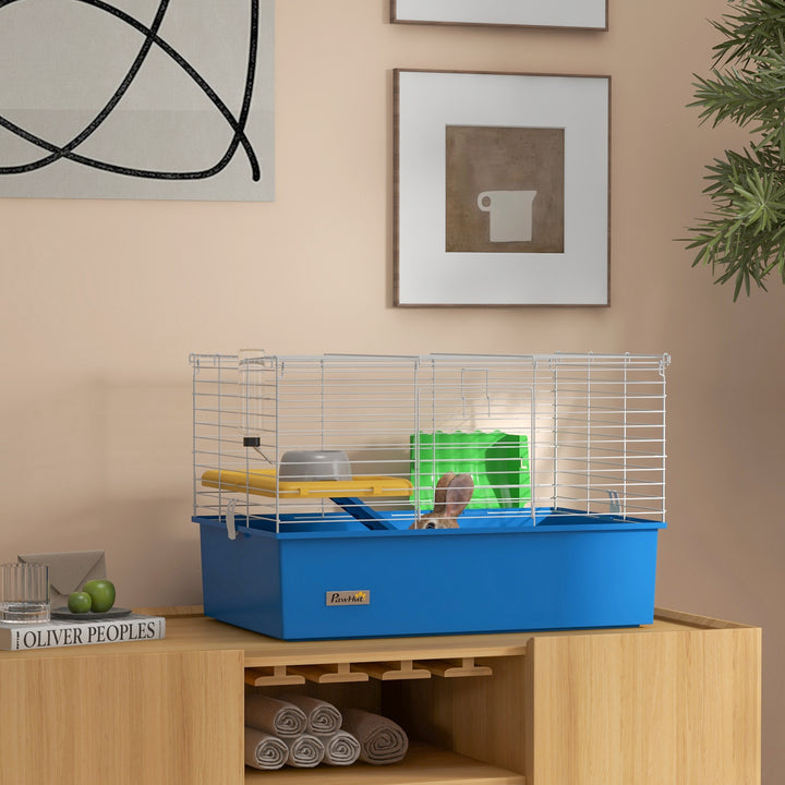 Gaiola para Visons com Bandeja Inferior Gaiola para Animais Pequenos com Plataforma com Rampa Comedouro e Bebedouro Recinto para Coelhos Pequenos Chinchilas Cobaias 71x46x47 cm Branco e Azul
