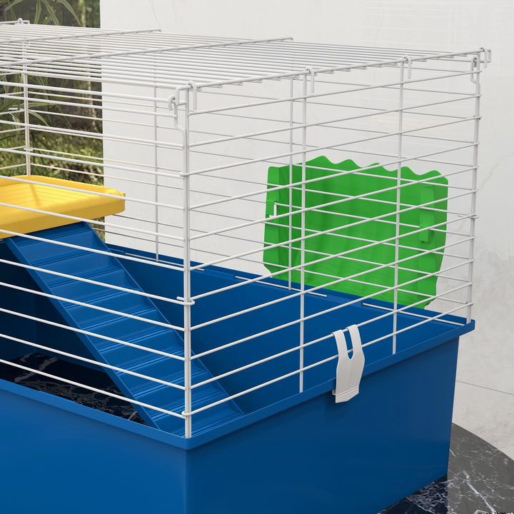 Gaiola para Visons com Bandeja Inferior Gaiola para Animais Pequenos com Plataforma com Rampa Comedouro e Bebedouro Recinto para Coelhos Pequenos Chinchilas Cobaias 71x46x47 cm Branco e Azul