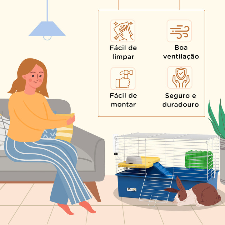 Gaiola para Visons com Bandeja Inferior Gaiola para Animais Pequenos com Plataforma com Rampa Comedouro e Bebedouro Recinto para Coelhos Pequenos Chinchilas Cobaias 71x46x47 cm Branco e Azul