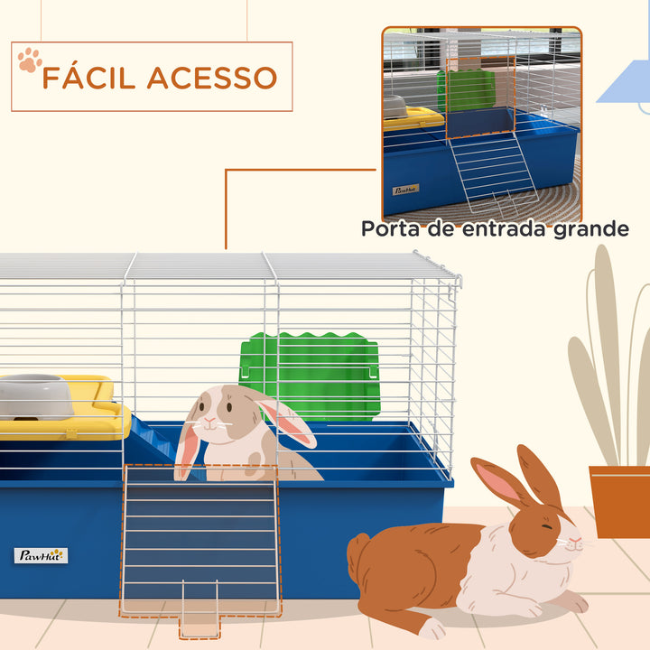 Gaiola para Visons com Bandeja Inferior Gaiola para Animais Pequenos com Plataforma com Rampa Comedouro e Bebedouro Recinto para Coelhos Pequenos Chinchilas Cobaias 71x46x47 cm Branco e Azul