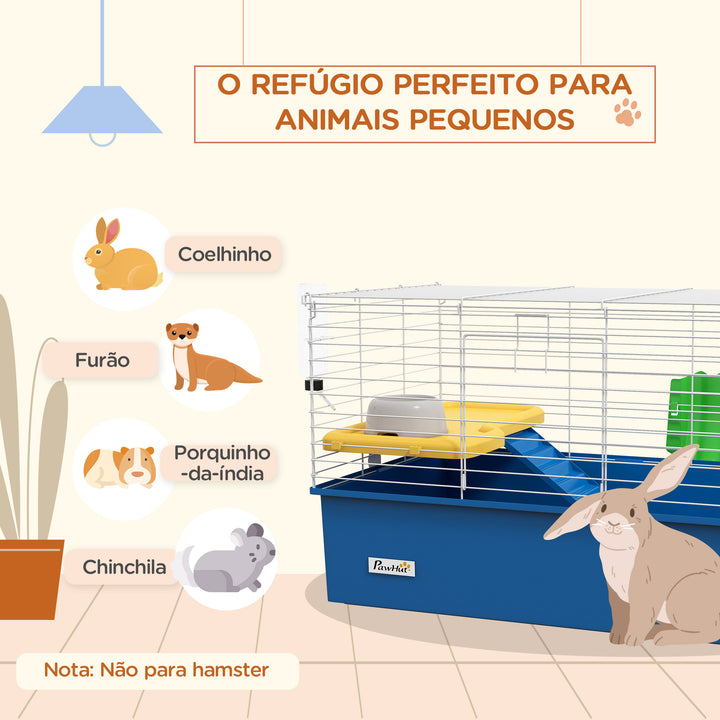 Gaiola para Visons com Bandeja Inferior Gaiola para Animais Pequenos com Plataforma com Rampa Comedouro e Bebedouro Recinto para Coelhos Pequenos Chinchilas Cobaias 71x46x47 cm Branco e Azul