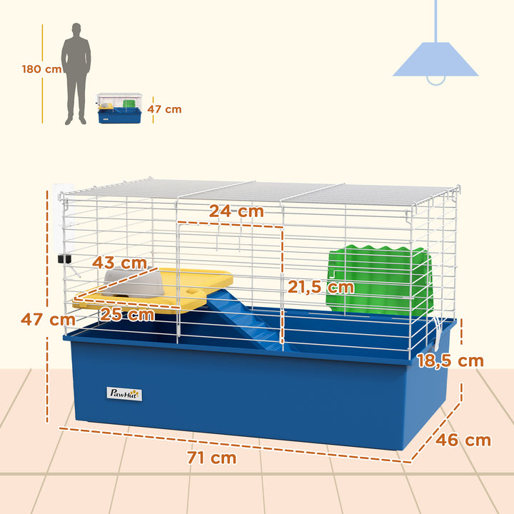 Gaiola para Visons com Bandeja Inferior Gaiola para Animais Pequenos com Plataforma com Rampa Comedouro e Bebedouro Recinto para Coelhos Pequenos Chinchilas Cobaias 71x46x47 cm Branco e Azul