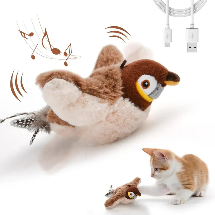 Flupytoy Brinquedo Interativo de Pelúcia com Sensor de Toque e Catnip – Pássaro pardal Recarregável com Som e Asas em Movimento para Gatos de Interior
