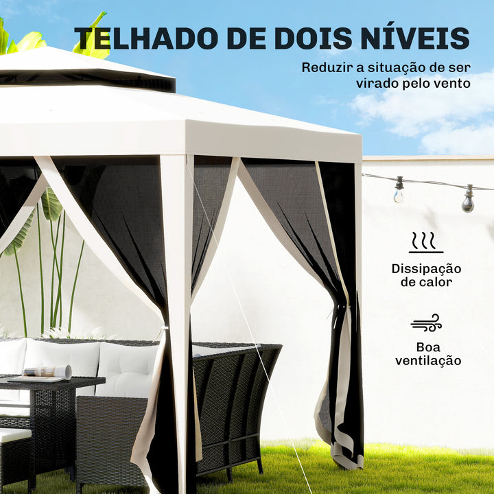 Pérgola de Jardim 297x297cm Pérgola com 4 Mosquiteiras Teto Duplo 8 Orifícios de Drenagem e Estrutura de Metal para Pátio Exterior Creme