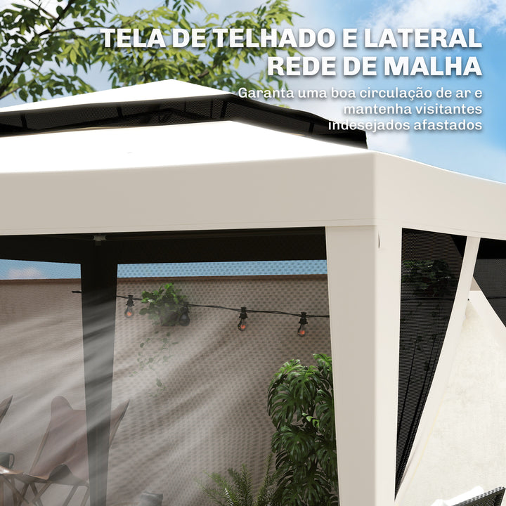 Pérgola de Jardim 297x297cm Pérgola com 4 Mosquiteiras Teto Duplo 8 Orifícios de Drenagem e Estrutura de Metal para Pátio Exterior Creme