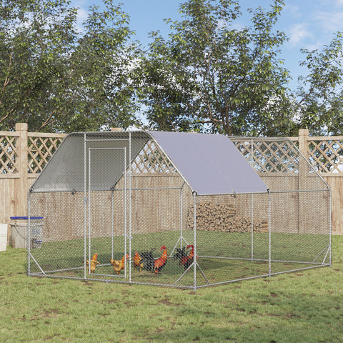Galinheiro Grande para Exterior, 2,8x3,8x1,95 m, Estrutura de Aço Galvanizado com 2 Compartimentos, Cobertura em Tecido Oxford Resistente aos Raios UV e Impermeável, Jaula para 10-12 Galinhas ou Coelhos, Prata