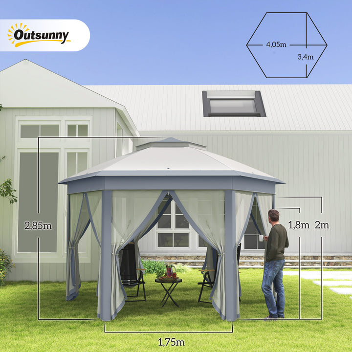 Tenda Dobrável 4x3,4 m Tenda de Jardim Hexagonal com Duplo Tecto 6 Mosquiteiras Destacáveis e Saco de Transporte Impermeável Anti-UV para Exterior Festas Cinzento