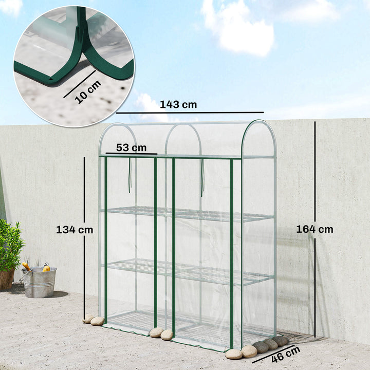 Estufa Pequena de 3 Níveis Estufa Exterior com 2 Portas Enroláveis Estrutura de Aço e Cobertura de Plástico Anti-UV para Cultivar Plantas Flores 143x46x164 cm Transparente