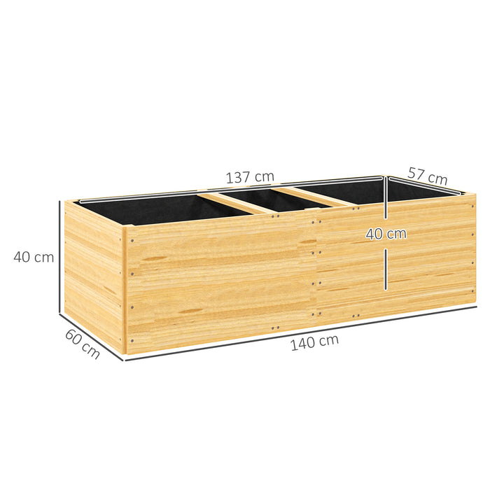 Caixa de Plantio de Madeira Floreira de Exterior Grande com 3 Áreas de Cultivo Caixa de Plantio para Cultivos Retangular para Jardim Varanda Pátio 140x60x40 cm Madeira