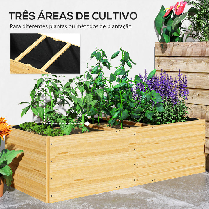 Caixa de Plantio de Madeira Floreira de Exterior Grande com 3 Áreas de Cultivo Caixa de Plantio para Cultivos Retangular para Jardim Varanda Pátio 140x60x40 cm Madeira