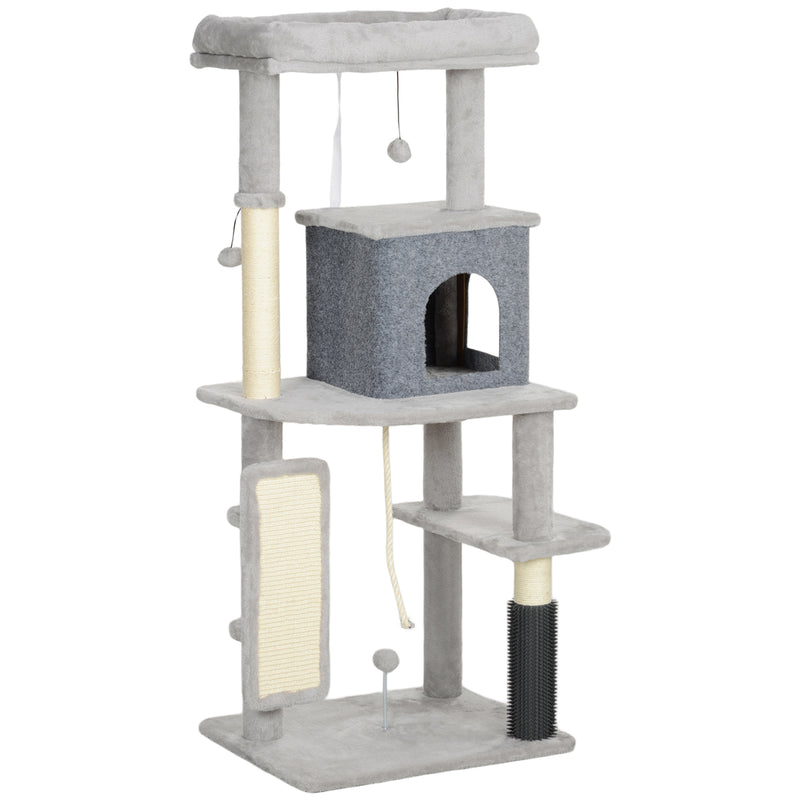 Arranhador para Gatos Grande Altura 132 cm Arranhador para Gatos com Plataformas Postes com Escova Bolas Suspensas e Almofadas para Arranhar Cinza