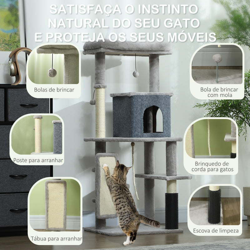 Arranhador para Gatos Grande Altura 132 cm Arranhador para Gatos com Plataformas Postes com Escova Bolas Suspensas e Almofadas para Arranhar Cinza