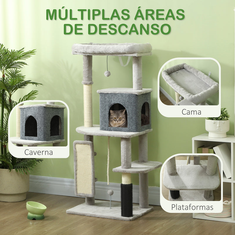 Arranhador para Gatos Grande Altura 132 cm Arranhador para Gatos com Plataformas Postes com Escova Bolas Suspensas e Almofadas para Arranhar Cinza