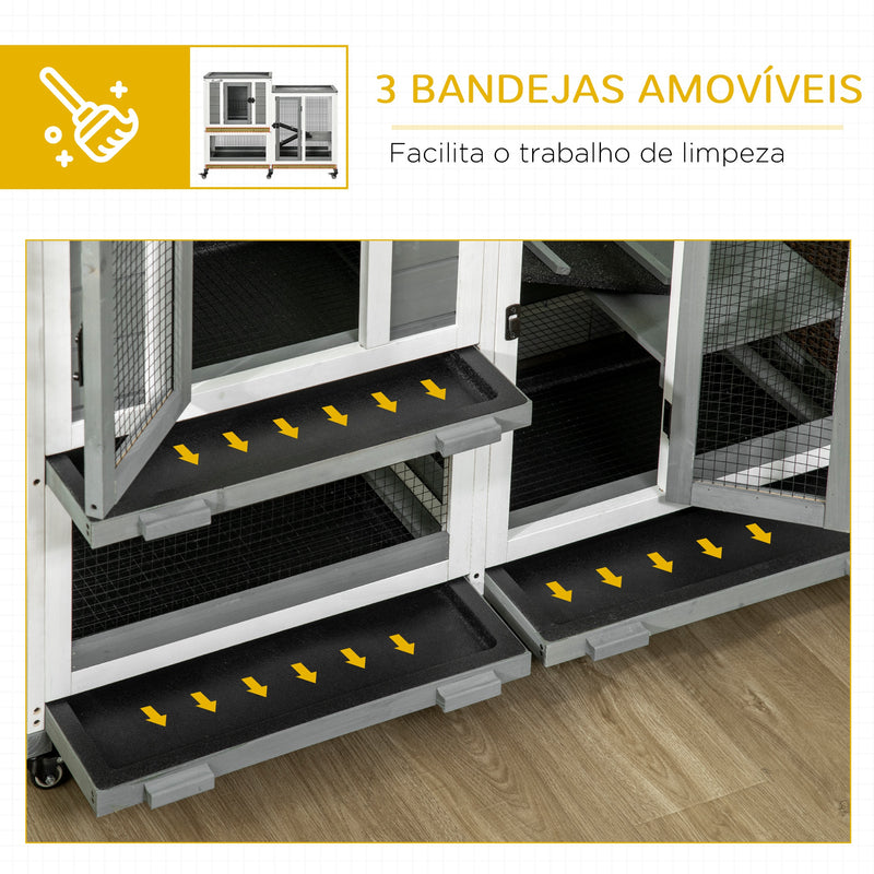 Coelheira de Madeira para Interior Gaiola para Coelhos e Animais Pequenos de 2 Níveis com 6 Rodas 2 Escadas 3 Bandejas Amovíveis e Área Aberta 110x50x86 cm Cinza