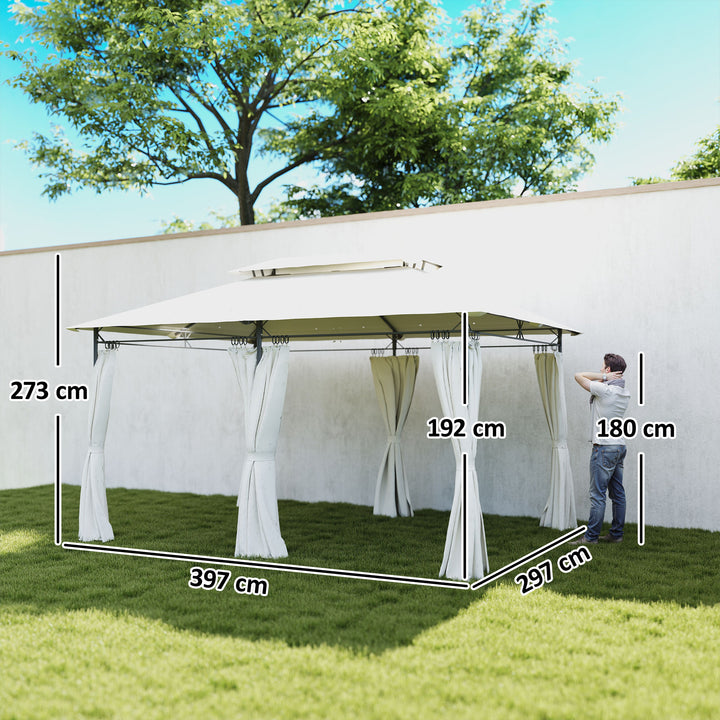 Pérgola de Jardim 397x297x265 cm Pérgola de Exterior com Teto Duplo Paredes Laterais Resistente a Água Pérgola para Pátio Creme