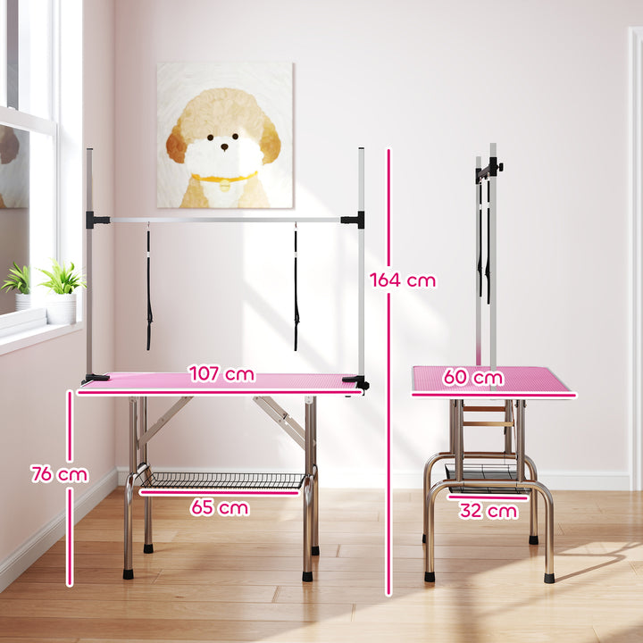 Mesa de Tosquia para Cães Dobrável Mesa de Higiene com Prateleira Metálica Superfície Antiderrapante Barra de Aço Inoxidável Ajustável para Cães e Gatos 107x60x164 cm Rosa
