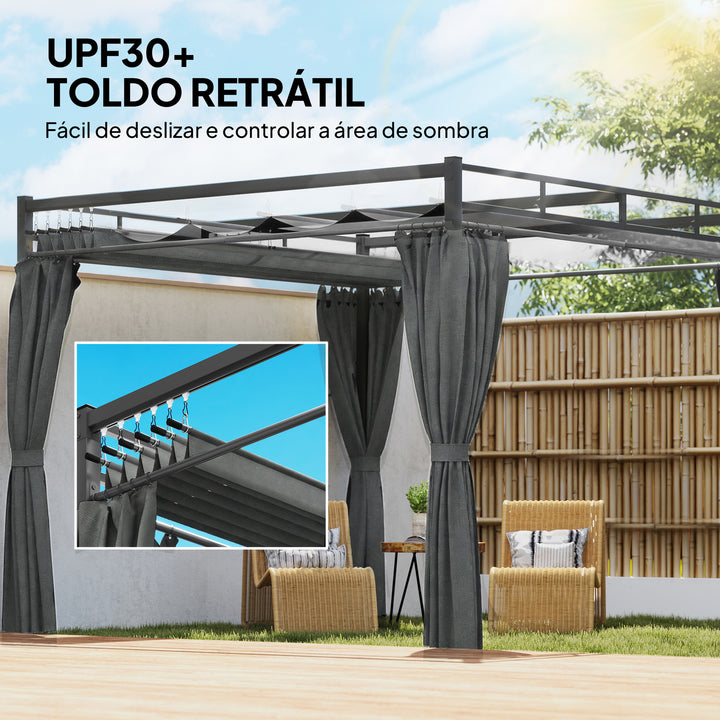 Pérgola de Jardim 295x295x221 cm com Teto Retrátil e Cortinas UPF30+ Estrutura Metálica Pérgola para Exterior Cinzento Escuro