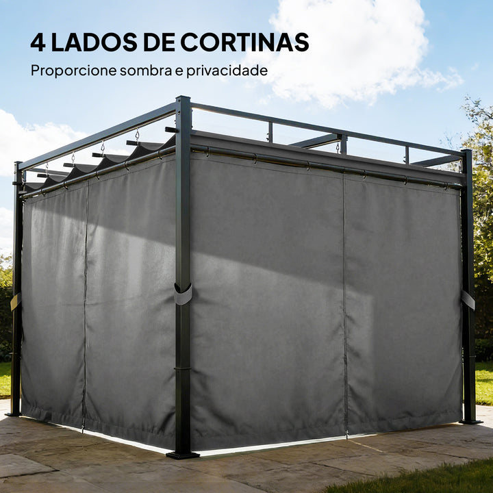 Pérgola de Jardim 295x295x221 cm com Teto Retrátil e Cortinas UPF30+ Estrutura Metálica Pérgola para Exterior Cinzento Escuro