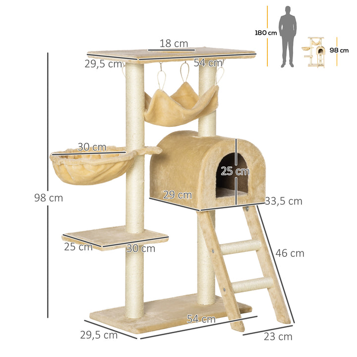Árvore para Gatos Arranhador com Poste Ninho Cesta Rede Plataforma Casa e Escada de Veludo e Sisal Natural 54x29,5x98 cm Bege