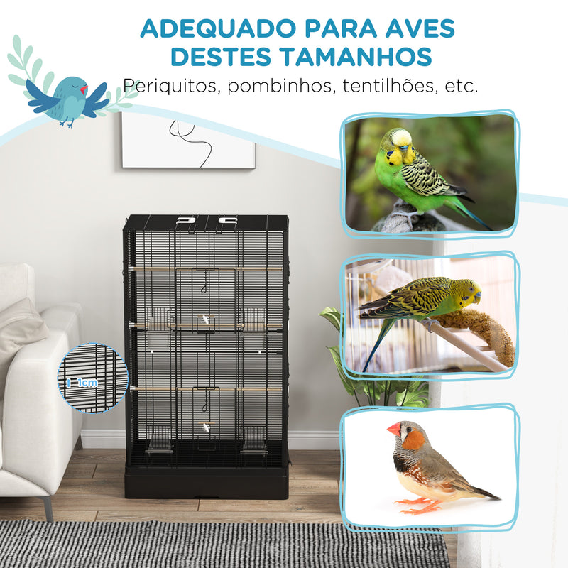 Gaiola para Pássaros 61x36,5x98 cm Gaiola para Aves com Portas Poleiros Bandeja Removível Caixas de Comida e Alças para Canários Periquitos Preto