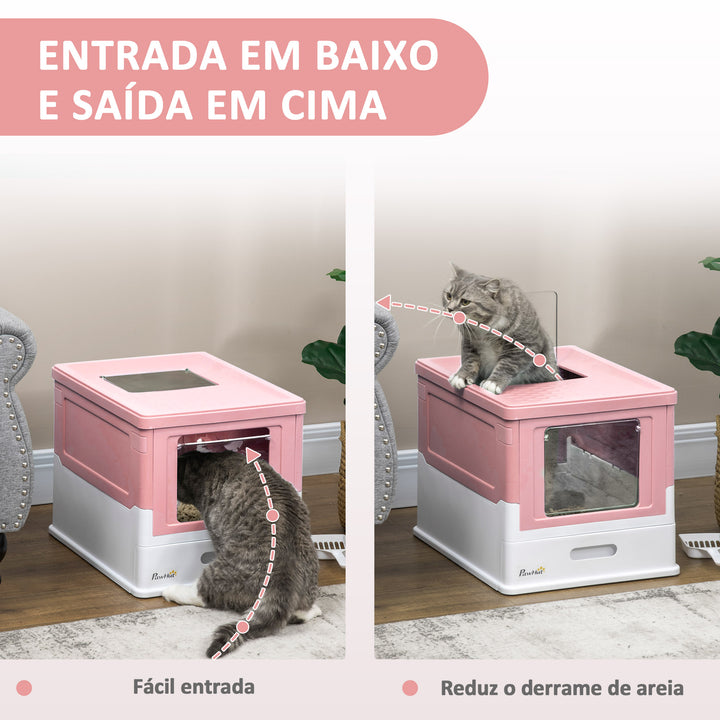 Caixa de Areia para Gatos Dobrável Caixa de Areia para Gatos Fechada com Cobertura Desmontável Bandeja Removível Teto Rebatível Porta de Entrada e Pá 47,5x35,5x36,7cm Rosa