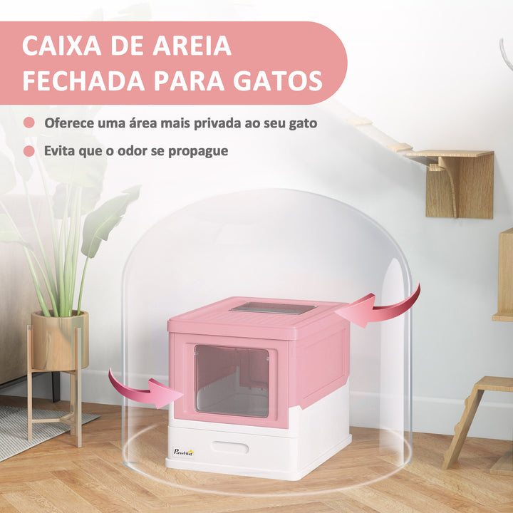 Caixa de Areia para Gatos Dobrável Caixa de Areia para Gatos Fechada com Cobertura Desmontável Bandeja Removível Teto Rebatível Porta de Entrada e Pá 47,5x35,5x36,7cm Rosa