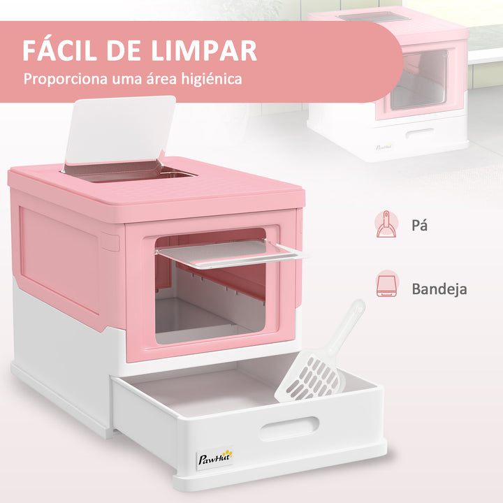 Caixa de Areia para Gatos Dobrável Caixa de Areia para Gatos Fechada com Cobertura Desmontável Bandeja Removível Teto Rebatível Porta de Entrada e Pá 47,5x35,5x36,7cm Rosa