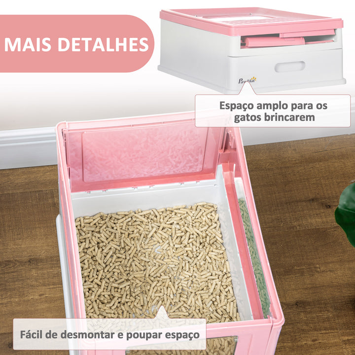 Caixa de Areia para Gatos Dobrável Caixa de Areia para Gatos Fechada com Cobertura Desmontável Bandeja Removível Teto Rebatível Porta de Entrada e Pá 47,5x35,5x36,7cm Rosa