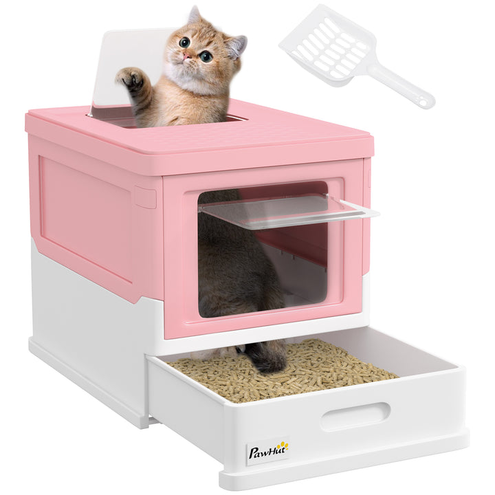 Caixa de Areia para Gatos Dobrável Caixa de Areia para Gatos Fechada com Cobertura Desmontável Bandeja Removível Teto Rebatível Porta de Entrada e Pá 47,5x35,5x36,7cm Rosa