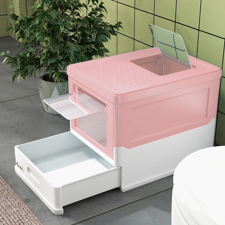 Caixa de Areia para Gatos Dobrável Caixa de Areia para Gatos Fechada com Cobertura Desmontável Bandeja Removível Teto Rebatível Porta de Entrada e Pá 47,5x35,5x36,7cm Rosa