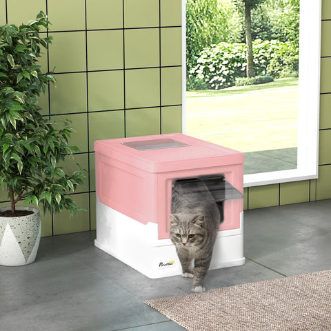 Caixa de Areia para Gatos Dobrável Caixa de Areia para Gatos Fechada com Cobertura Desmontável Bandeja Removível Teto Rebatível Porta de Entrada e Pá 47,5x35,5x36,7cm Rosa