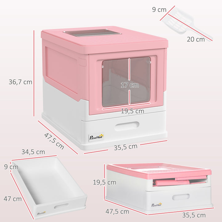 Caixa de Areia para Gatos Dobrável Caixa de Areia para Gatos Fechada com Cobertura Desmontável Bandeja Removível Teto Rebatível Porta de Entrada e Pá 47,5x35,5x36,7cm Rosa