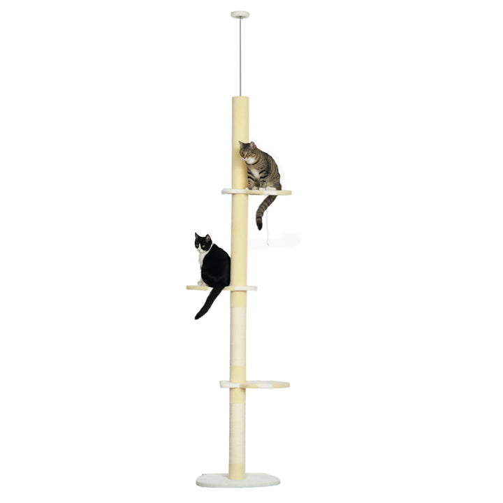 Árvore para Gatos do Chão ao Teto 220-260cm Altura Ajustável Torre para Gatos com 3 Plataformas Poste de Sisal e Bola para Brincar 47x34x220-260cm Creme