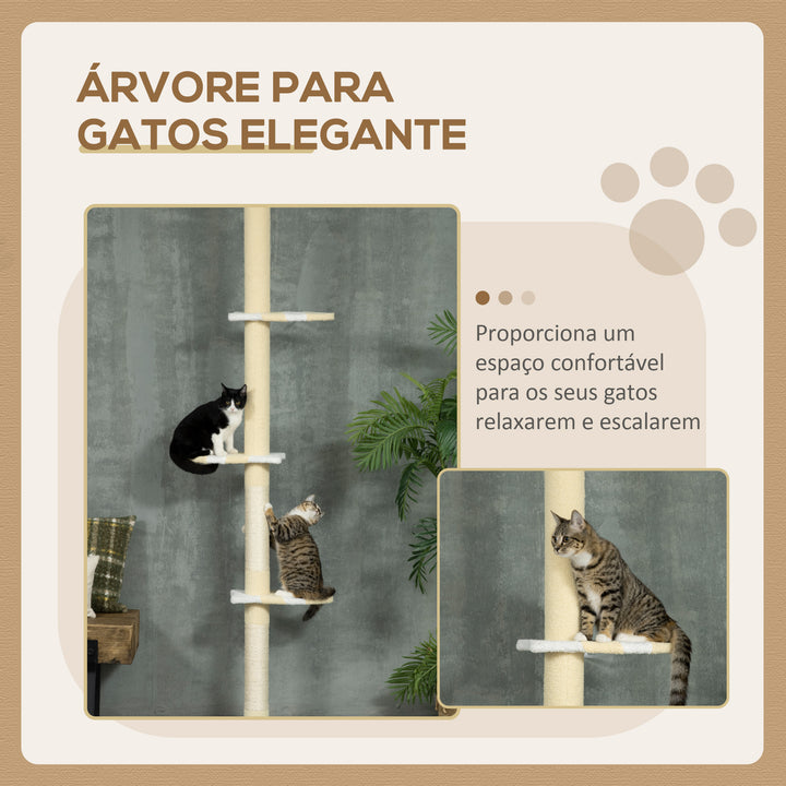 Árvore para Gatos do Chão ao Teto 220-260cm Altura Ajustável Torre para Gatos com 3 Plataformas Poste de Sisal e Bola para Brincar 47x34x220-260cm Creme